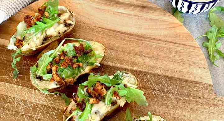 Baked potato with lion's main "bacon" and coconut dill sour cream